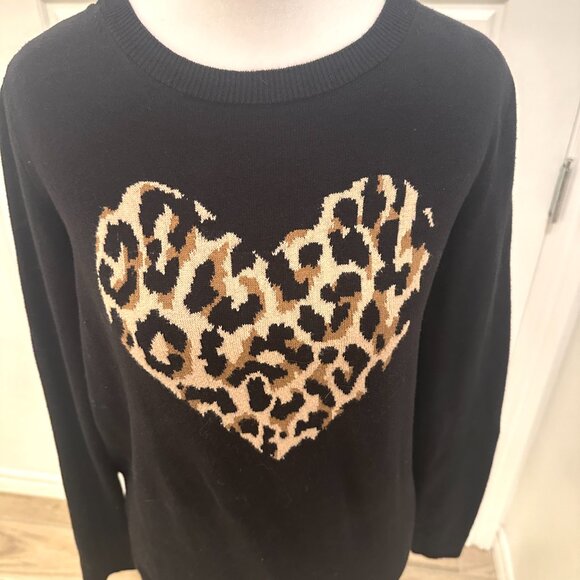 J.CREW BLACK LEOPARD HEART SWEATER MEDIUM - Picture 2 of 5